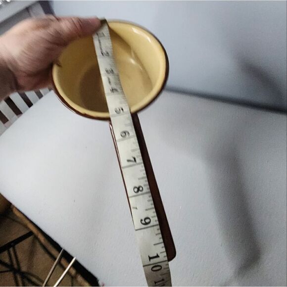Vintage Little Saucepan Enamelware Tan with Brown Trim & Handle 5" Diameter - Picture 7 of 7